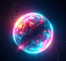 Futuristic glowing sphere of interconnected data streams and digital energy exploding in the vastness of space, representing innovation and technology