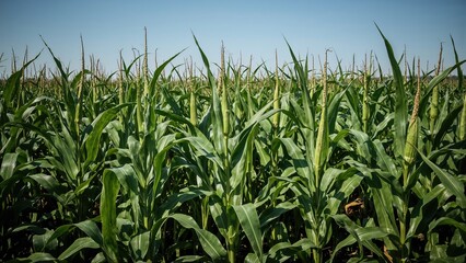 Young corn plants thriving in a vibrant agricultural landscape
