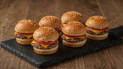 Selection of bite-sized burgers with sauce, cheese slices, and tomato pieces on a black cutting board resting on wood