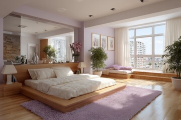 Fototapeta premium Modern bedroom with natural light and minimalist decor in an urban apartment setting