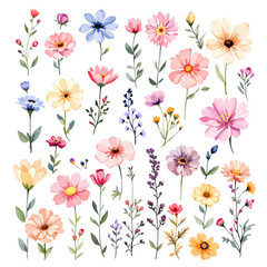 Set of cute beautiful different bouquets with wild flowers and herbs. Compositions of delicate flowering meadow plants, stems, leaves. Floral botanical vector flat decoration