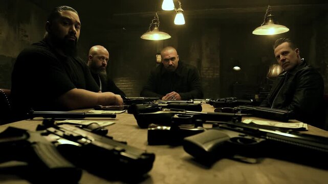 gang of criminals in brothel. pistols are on table. gangsters negotiate or sell weapons. robbers are preparing raid bank. Group of men sit around table with guns and money. Scene is tense and serious