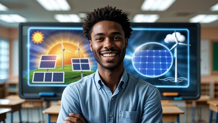 A teacher in a classroom, educating about renewable energy, promoting sustainability and environmental awareness