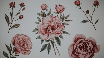Collection of delicate pink floral elements, including rose buds and leaves, rendered in watercolor style on white