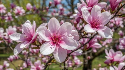 Springtime magnolia flowers blooming on tree limbs