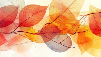 Translucent Autumn Leaves: Delicate Veins and Warm Tones on White Background