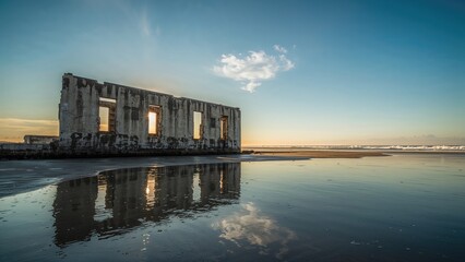 An old concrete building's ruins near the water reflect beautifully in the afternoon light, complemented by warm and crisp weather.