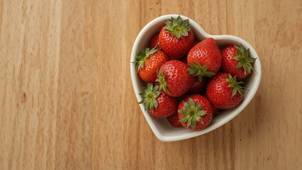 Close-up overhead shot of ripe red strawberries in a heart-shaped white ceramic dish on a rustic wooden surface. Concept of fresh seasonal nutrition