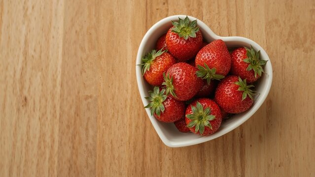 Close-up overhead shot of ripe red strawberries in a heart-shaped white ceramic dish on a rustic wooden surface. Concept of fresh seasonal nutrition