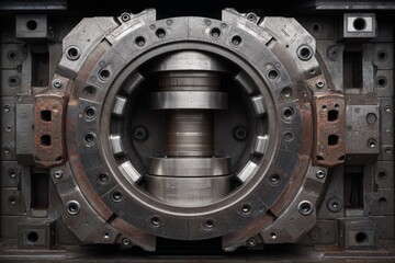 Intricate design of industrial machinery showcasing a metal mold in a factory setting