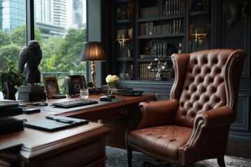 Fototapeta premium Luxurious office interior featuring traditional furniture and modern cityscape view