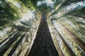 Towering redwood forest canopy bathed in ethereal sunbeams, creating a serene and awe-inspiring natural spectacle.