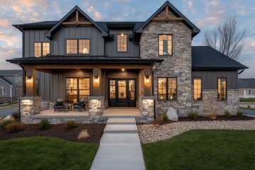 Modern house exterior design showcasing stone and wood elements in an evening setting
