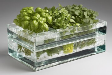 Modern hydroponic garden featuring fresh herbs growing in a clear glass planter