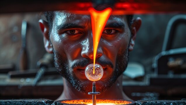 Closeup of a glassblower shaping molten glass with intense heat and precision in a workshop setting