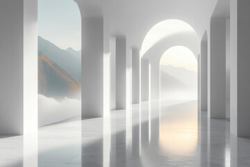 Person sitting by window, looking at mountains through arched openings in white room.