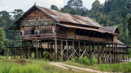 Borneo Sarawak tribal longhouse architecture. A photograph of the ethnic architectural long house building of the Bornean jungle tribe of Orang Ulu, native tribes living in the rain forest of Sarawak,