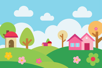 Vector cartoon illustration of a vibrant spring or summer countryside landscape with houses, green grass, colorful flowers, and a clear sky with clouds and sun