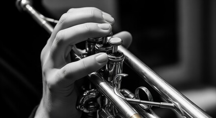 Fototapeta premium Close-up of Hand on Trumpet Valves, Monochrome Photography