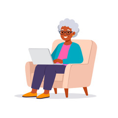 Cartoon vector illustration of an African-American elderly woman sitting comfortably in an armchair using a laptop. Concept of senior technology use, online communication, or digital learning.
