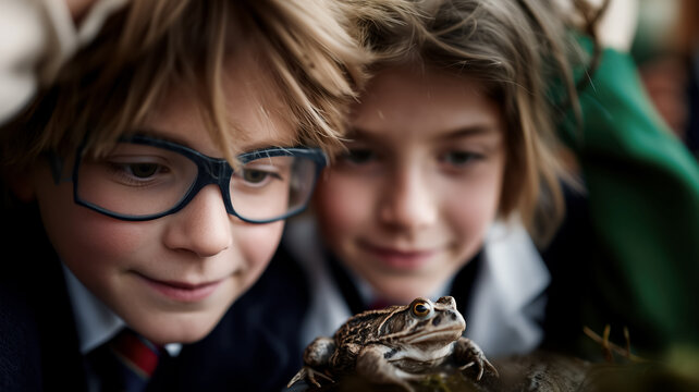 Practical classes, close-up portrait of schoolchildren looking with interest at a frog in its natural habitat during nature classes, back-to-school concept and interest in science