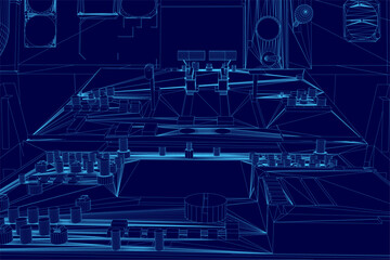 A futuristic cockpit blueprint with wireframe furniture, including a table and chairs, set against a deep blue background. The design resembles a high-tech plane interior with clean lines and precise.