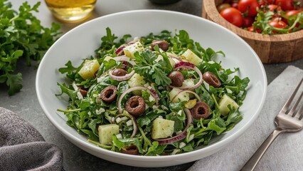 Wholesome vegetarian dish ideal for midday or evening, composed of mixed greens, cucumber, onion, and olives