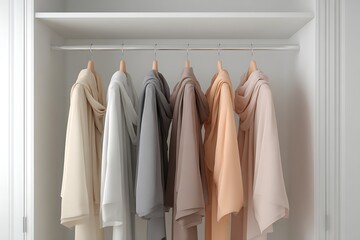 Elegant wardrobe collection featuring flowing fabrics in soft, neutral tones, beautifully organized on hangers, perfect for fashion and lifestyle content.