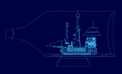 A detailed ship in a bottle rests against a blue background, its sails and hull clearly visible. The open bottle reveals the ship's intricate contours, creating a sense of depth.