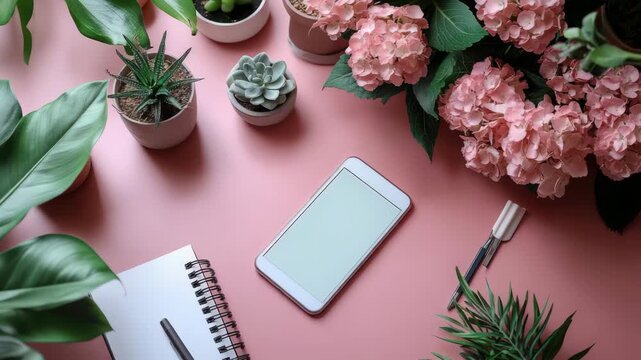 Stylish workspace with pink background, featuring a smartphone, notebook, plants, and flowers,