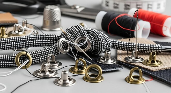 A close-up of tailoring and shoemaking supplies, featuring metal eyelets, a patterned cord, thread spools, and a thimble.