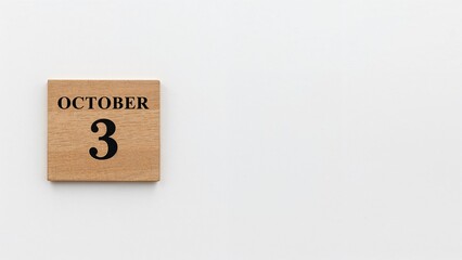 Close-up of wooden calendar page reading October 3 on white canvas background with empty text area