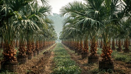 Obraz premium Cultivating Oil Palms: Nursery and Plantation in a Lush Green Farm