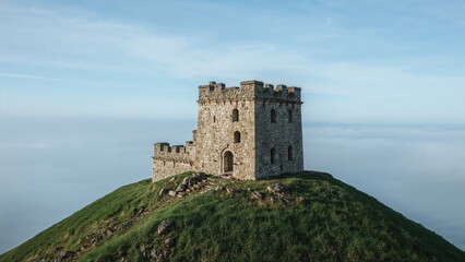 Fototapeta premium Ancient stone tower standing atop a lush green hill under a sky filled with clouds