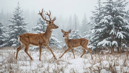 Obraz premium A pair of youthful deer enjoying a snowy winter forest filled with grass and natural beauty