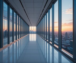 Modern building corridor office interior with city view on the sunset