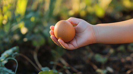 Child's hand holding a brown egg outdoors.