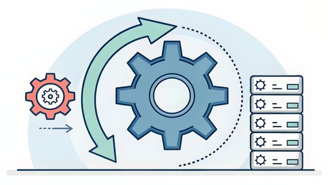 Gear with arrow circling a node, denoting backend processes or synchronized system operations.