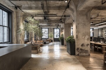 Fototapeta premium Modern office interior with open layout and natural elements in a city environment during daylight hours