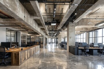 Modern open office interior featuring sleek design and industrial elements in a spacious workspace