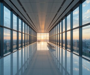 Modern building corridor office interior with city view on the sunset
