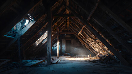 Old spooky attic of abandoned house