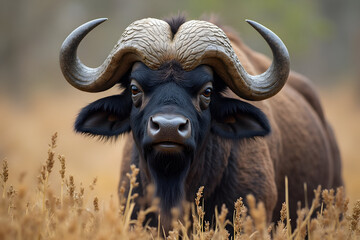 Naklejka premium Buffalo Standing in Tall Grass Portrait Wildlife Scene