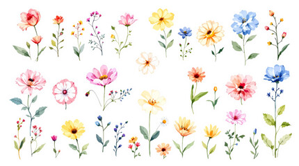 Vector illustration with colorful flowers and green leaves drawn in a delicate botanical style