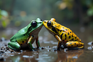 Fototapeta premium Two Frogs Touching Noses in Natural Habitat Water Scene
