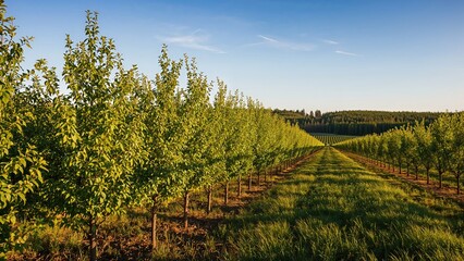 Obraz premium Lines of poplars cultivated on an agricultural plantation.