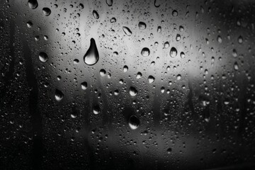 Heavy rain creates intricate water droplets on a window pane during a gloomy evening