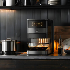 Clean, modern photo of a chef-grade smart sous vide machine with elegant lighting and no external elements. --s 250 --v 6.0