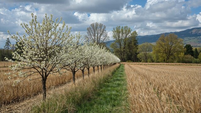 In a countryside field, white flowering trees and budding trees form a row surrounded by tall dry grasses, mountains visible in the distance on a clear, cloudy early spring day