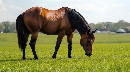 Obraz premium A chestnut horse grazes peacefully in a grassy field.